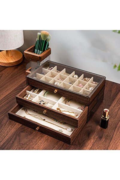 Choice صندوق مجوهرات خشبي متعدد الطبقات، نافذة شفافة، منظم لتخزين الخواتم وال...