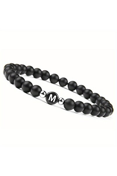 Choice M Initial Bracelet for Men and Woman Black Onyx 6mm Beads Bracelet wit...