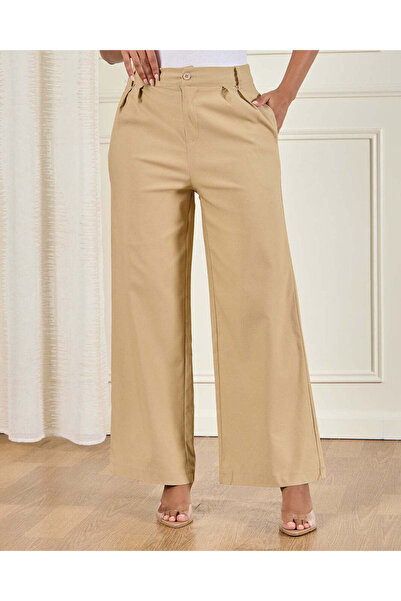REDTAG Women Beige Plain Wide Leg Trouser