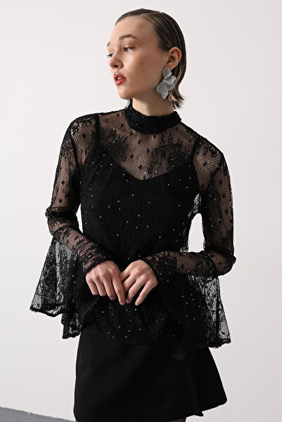 Trend Alaçatı Stili Women's Black Lace Fly Sleeve Transparent Undershirt Blou...