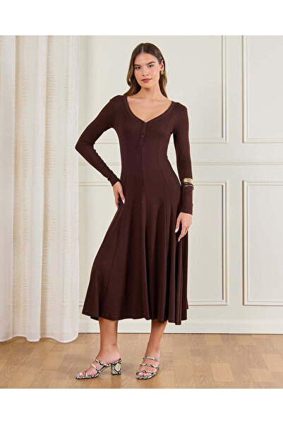 REDTAG Women Brown Godet Detailed A Line Maxi Dress