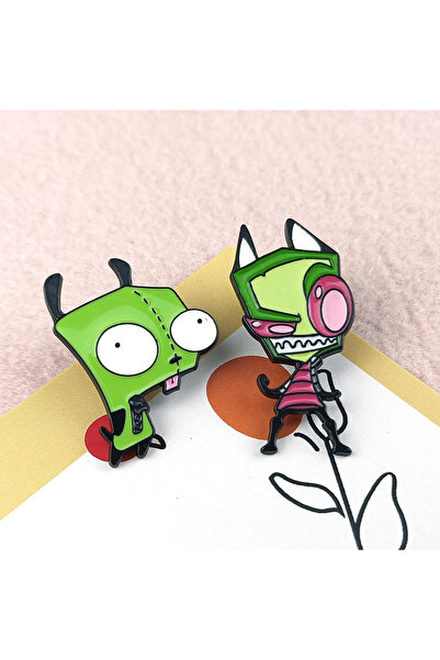 Miniso 2pcs Invader Zim Enamel Pin Cartoon Anime Funny Alien Brooches Lapel Shirt Backpack Badge Jewelry Co