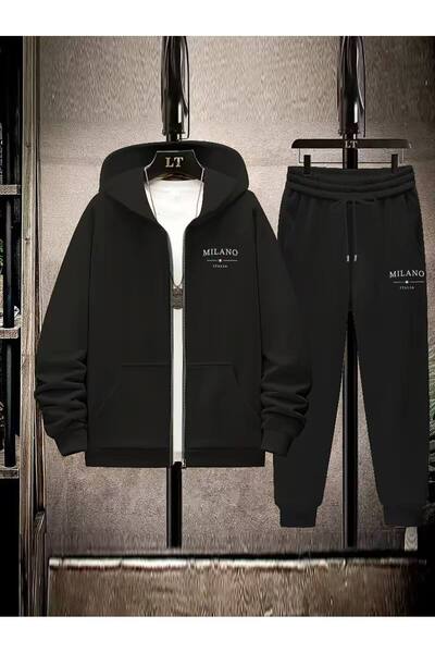 CLASSY.MODA Men's Hooded Zippered Logo Printed Casual Tracksuit Set