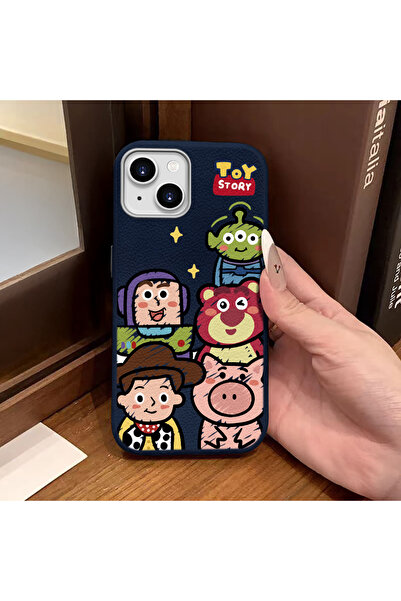 ucuc iPhone 14 Plus/15 Plus Uyumlu Mavi Deri Dokulu Silikon Kamerayı Korur Şo...