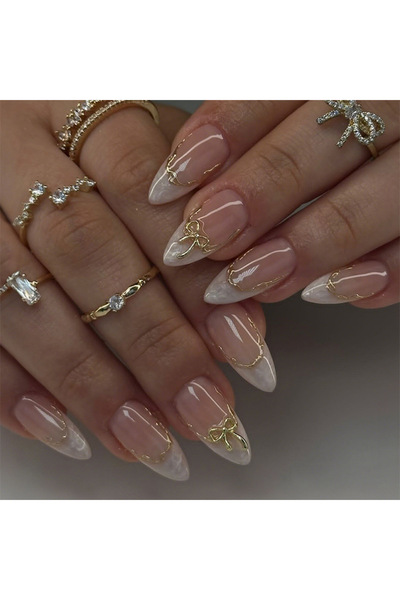 Choice 1914، 24 قطعة، أظافر صناعية لاصقة بتصميم فيونكة على شكل لوزة، حواف ذهب...