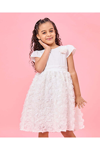 REDTAG Girls White Embellished Floral Corsage Dress With Chest Corsage