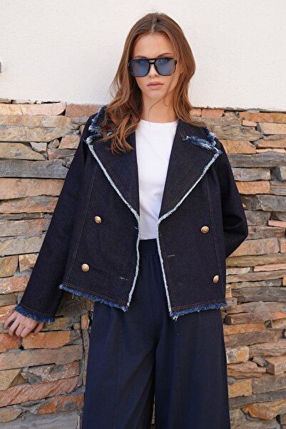 Trend Alaçatı Stili Women's Navy Blue Tassel Detailed Button Closure Double B...