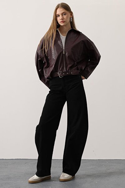 Trend Alaçatı Stili Women's Burgundy Belt Detailed Faux Leather Bomber Lined Jacket Vs01245