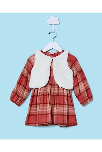 REDTAG Infant Girls Red And White Dress With Jacket (2 Piece)