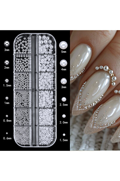 Choice 01 12 Grids/Box 3D Round Pearl White Nail Flat Rhinestones Mixed Size ...