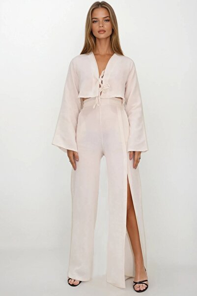 VAGGON Women's Ecru Elastic Waist Slit Pants and Tie-Up Blouse Muslin Set Vs0...