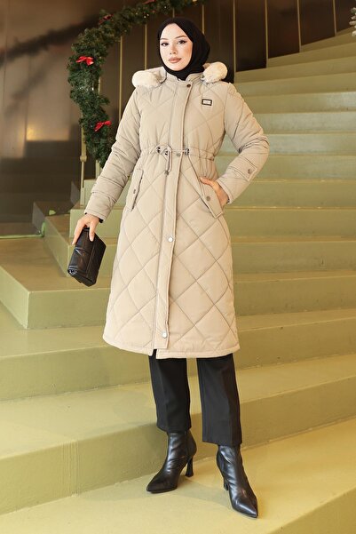 Missvalle Zippered Waist Lace-Up Quilted Coat Beige 19283