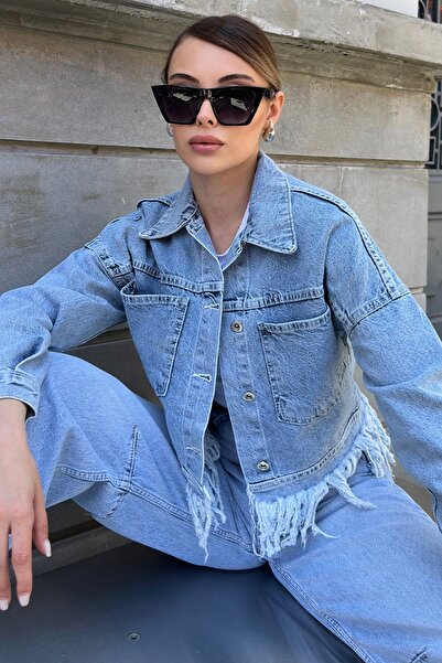 Trend Alaçatı Stili Women's Blue Tassel Button Closure Jean Jacket V00044-A