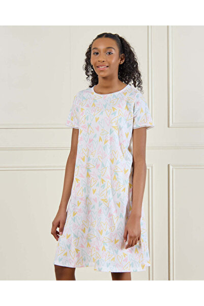 REDTAG Senior Girls White Heart Print Nightdress