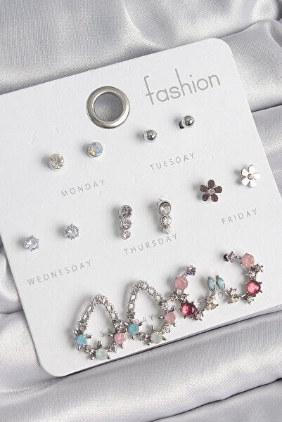 shopwave طقم أقراط نسائي من حجر الزركون والنحاس الفضي اللون بتفاصيل زهرة 7 أز...