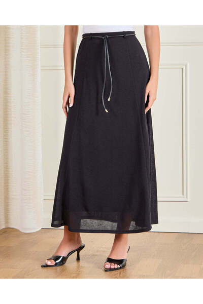 REDTAG Women Black Knitted Flared Skirt With Belt