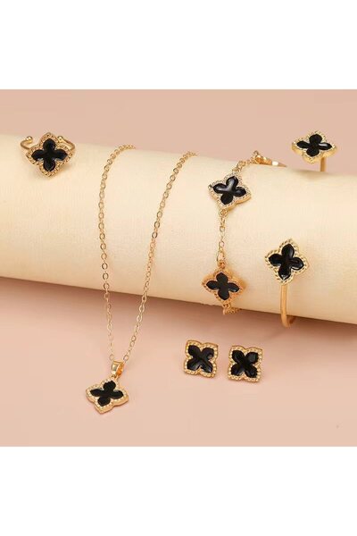 Choice طقم مجوهرات نسائي أسود مكون من 5 قطع، طقم مجوهرات أنيق وعصري يتضمن قلا...