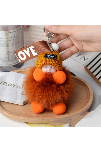 Choice orange Pompom Sleeping Baby Keychain Cute Fluffy Plush Doll Keyholder ...