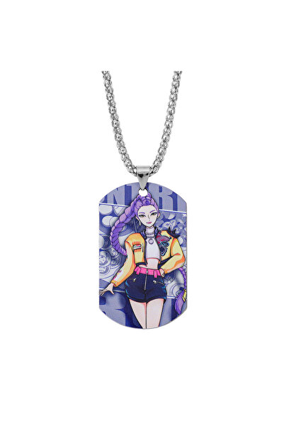 Miniso قلادة من الفولاذ المقاوم للصدأ بتصميم مستطيل على شكل لوحة تعريف للكلاب، مستوحاة من شخصيات رومي زوي ميرا جينو من مسلسل صائدي الشياطين الكوري، بتقنية الأشعة فوق البنفسجية.