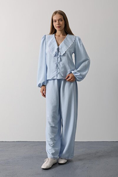 Trend Alaçatı Stili Women's Baby Blue Long Sleeve Tie-Up Shirt and Pants Vs00605