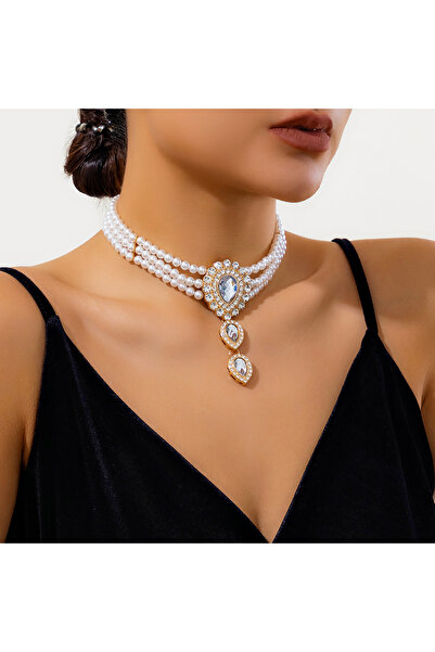 Choice S01 on Neck Imitation Pearl Beads with Green/Transparent Crystal Choker Necklace for Women Charms Co