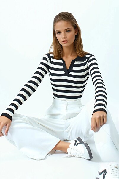 Trend Alaçatı Stili Women's Black Striped Polo Neck Long Sleeve Knitwear Blou...
