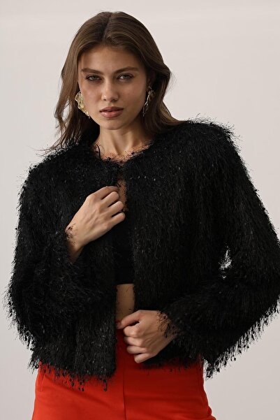 Trend Alaçatı Stili Women's Black Crew Neck Lined Beard Rope Jacket Vs01251