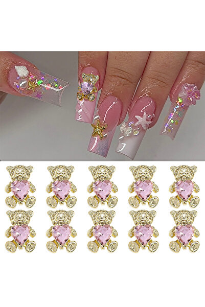 Choice ١٠ قطع من مجوهرات الأظافر على شكل دببة مصنوعة من سبيكة ذهبية ووردية، م...