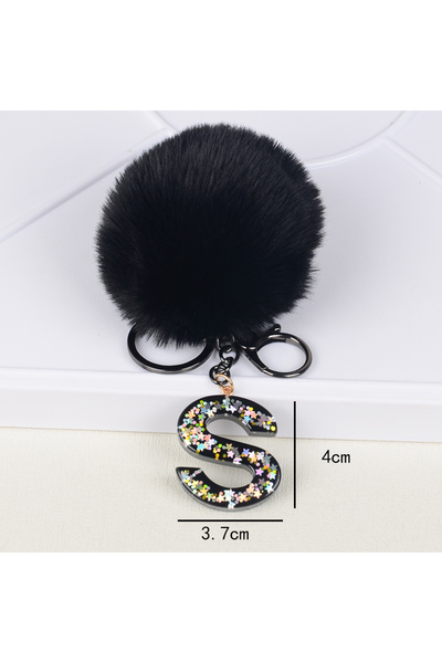 Choice سلسلة مفاتيح مزينة بكرات بوم بوم سوداء فروية وحرف ترتر أولي، هدية مثالية للبنات، تضيف بريقًا للحقائب والسيارات.