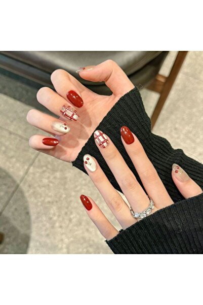 Choice أظافر صناعية قصيرة مستديرة/بيضاوية الشكل بتصميم الكرز الأحمر اللطيف، م...