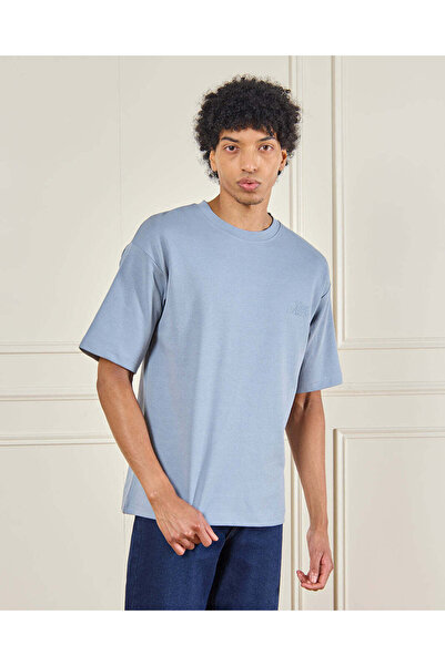 REDTAG Men Plain Blue Interlock T-Shirt