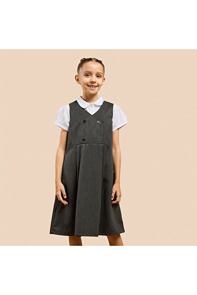 Juniors Solid Pinafore Dress with Button Detail