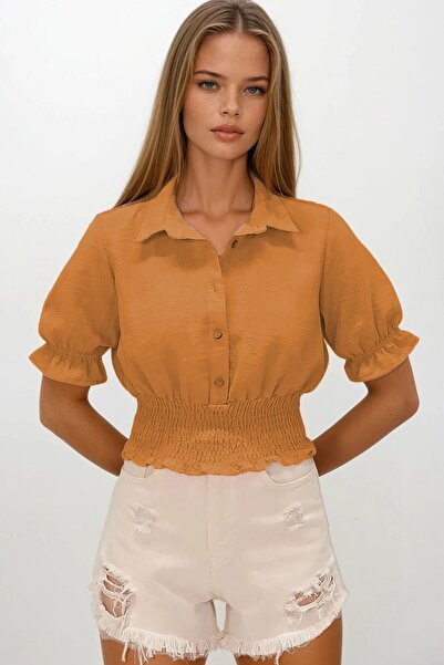 Trend Alaçatı Stili Women's Caramel Elastic Waist Button Closure Shirt Collar Blouse Vs00184