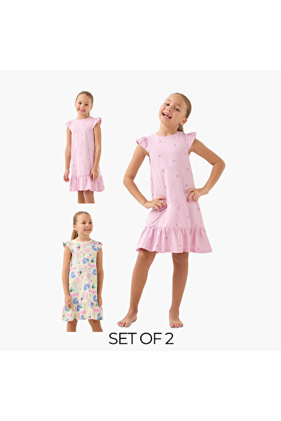 Juniors Printed Sleeveless Night Dress with Flounce Hem - Set of 2