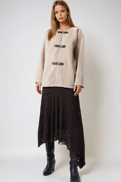 Trend Alaçatı Stili Women's Beige Snap Closure Lined Tassel Jacket Vs01009