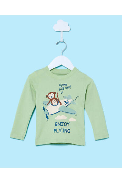 REDTAG Infant Boys Green Printed Long Sleeve T-Shirt