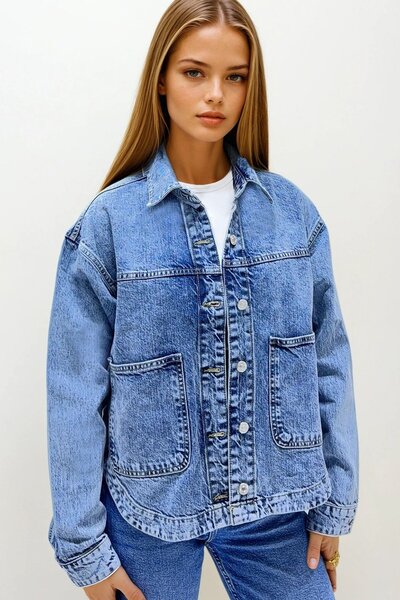 Trend Alaçatı Stili Women's Blue Double Pocket O Oversized Jean Jacket Vs00145