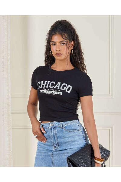 REDTAG Women Black Printed Casual T-Shirt