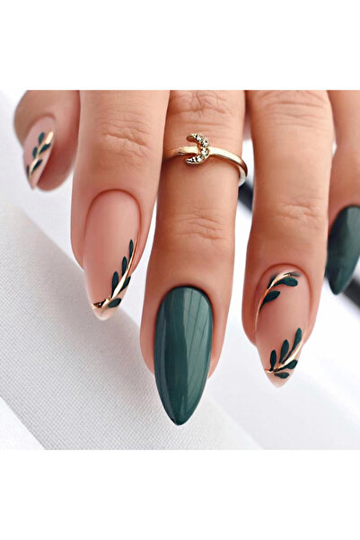 Choice أظافر صناعية فرنسية ذهبية اللون، 24 قطعة، لون لوزي، تغطية طويلة، أظافر لاصقة، ورقة خضراء، قابلة لإعادة الاستخدام