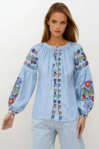 Trend Alaçatı Stili Women's Blue Judge Collar Tassel Lace Embroidered Dobby W...