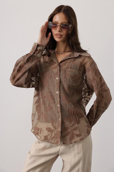 Trend Alaçatı Stili Women's Brown Floral Patterned Transparent Oversized Long...