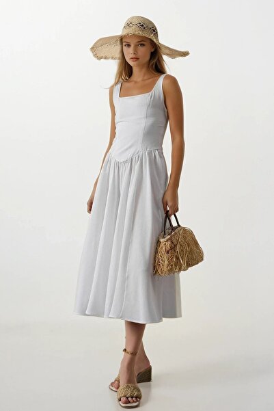 Trend Alaçatı Stili Women's White Suspender Skirt Pleated Maxi Length Dress Vs00624