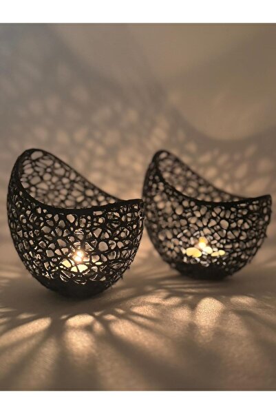 3D Dekoratif Siyah 2'li Mumluk | File Desenli Modern Tealight Mumluk | Ev & S...