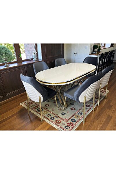 MSY HOME 6 Kişilik Milano Serisi Oval Beyaz Lake Masa Yönsüz Kumaş Modern Ve ...