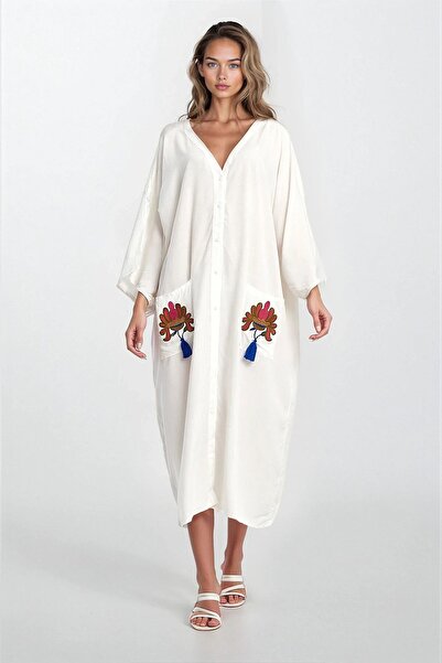 Trend Alaçatı Stili Kadın Ekru Çift Cepli Ve Nakışlı Düğmeli Asimetrik Kesim ...