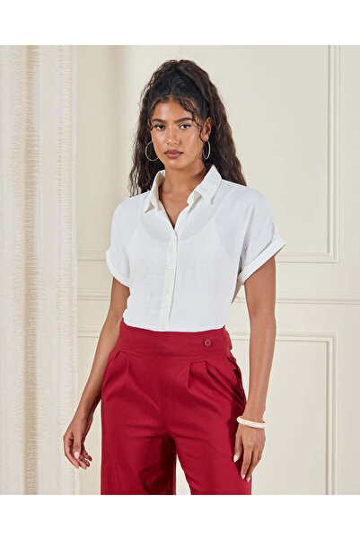 REDTAG Women Ivory Textured Button Front Collared Shirt