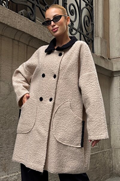Trend Alaçatı Stili Women's Beige Shirt Collar Button Closure Unlined Coat Vs01287