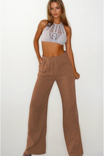 Trend Alaçatı Stili Women's Mink Double Pocket Elastic Waist Muslin Palazzo T...