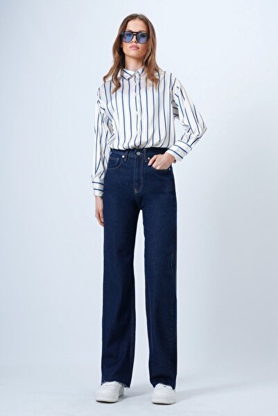 Trend Alaçatı Stili Women's Dark Navy High Waist Wide Tassel Leg 5 Pocket Denim Pants Vs01358