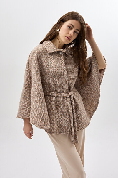 Rays Brown Shirt Collar Belted Poncho Women's Coat 3099A